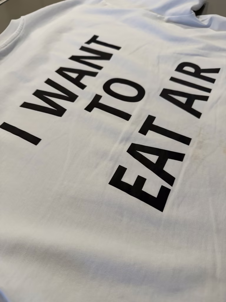 Close view of the I WANT TO EAT AIR back print
